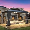 GARTOO 12'x14' Outdoor Hardtop Gazebo with Double Roof - Heavy-Duty Galvanized Steel Top Aluminum Frame Gazebo with Breathable Netting & Privacy Curtain for Patio, Porch, Garden, Lawn, Deck, Backyard