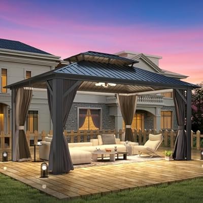 GARTOO 12'x14' Outdoor Hardtop Gazebo with Double Roof - Heavy-Duty Galvanized Steel Top Aluminum Frame Gazebo with Breathable Netting & Privacy Curtain for Patio, Porch, Garden, Lawn, Deck, Backyard