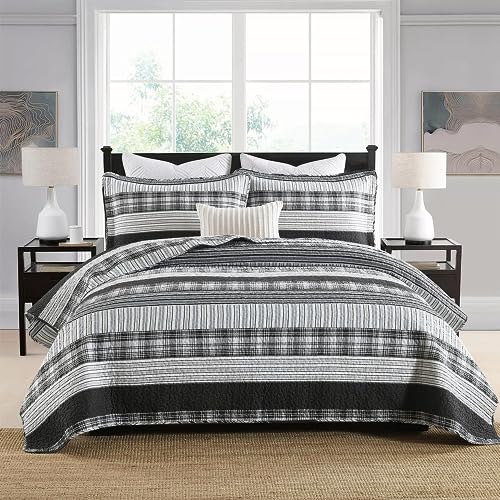 Image of Homzard Quilts Queen Size - Black and White Queen Comforter Set, 100% Cotton Black Grey Striped Bedding Set, Lightweight Reversible Bedspread Set, 3 Piece All Season