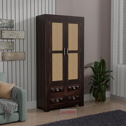 Image of Solid Sheesham Wood 2 Door Wardrobe with Cane Panels & 4 Drawers | Wooden Storage Cabinet with Shelves | Modern Bedroom Cupboard for Clothes & Storage (Walnut Finish)