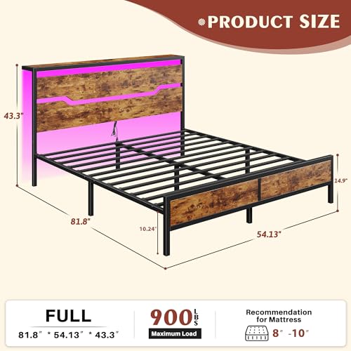 Image of Homkdom Full Size Bed Frame with USB Ports & LED Lights, Headboard Shelf, Heavy Duty Metal Platform with 10.24 inch Underbed Storage, Noise-Free Slats, No Box Spring Needed, Modern Brown