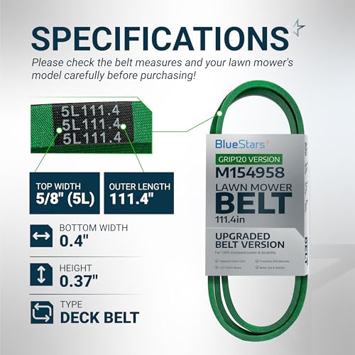 Image of [Upgraded Grip120] BlueStars M154958 Secondary Deck Belt 5 /8 inch x 111.4 inch | For 48 inch Mower Deck J-Deere GT235 X300 X320 345 325 180 245 265 GX345 LX280 GT275 Replaces 954-04055 754-04055 Aramid Cord