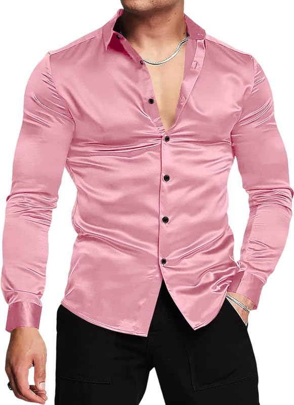 MADHAVISTA Men's Satin Shirt for Party and Office Wear | Long Sleeve Slim Fit Shiny Dress Shirt for Wedding Business Event Dinner with Spread Collar Light Pink
