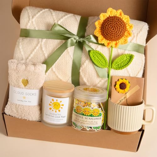Aeenr Birthday Gifts for Women Sending Sunshine Sunflower Self Care Get Well Soon Gift Baskets W/Blanket Unique Thinking of You GIFS for Mom Sister Her Friends Wife Grandma Valentines Mothers Day