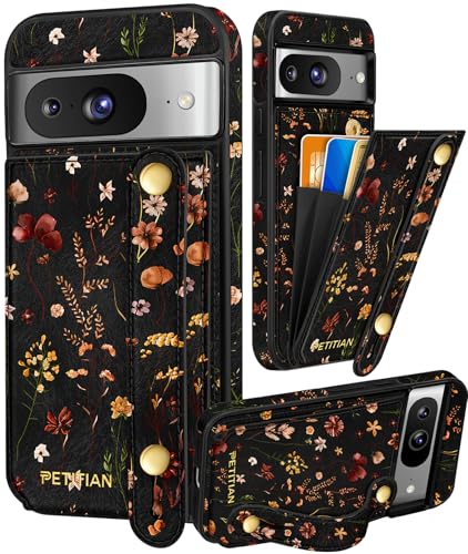 Petitian for Google Pixel 8 Case with Wallet - Women Girls Cute Girly Aesthetic Unique Design Leather Credit Card Holder Cardholder Stand Wristband for Pixel 8 Grow Flower