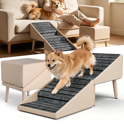 Dog Ramp Ottoman 2-in-1 Foldable Wooden Pet Stairs for Couch and High Bed Ottoman Dog Ramp with Anti-Slip Carpet Surface and Adjustable Legs for Small Medium Dogs Puppy Senior Pets Beige
