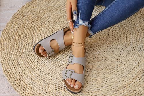 Image of WTW Women's Suede Cork Footbed Sandals Slide for Women with Arch Support | Comfortable Summer Sandals, Memory Foam Insole, Adjustable Buckle Beach Slip on Sandals for Travel and Everyday Wear