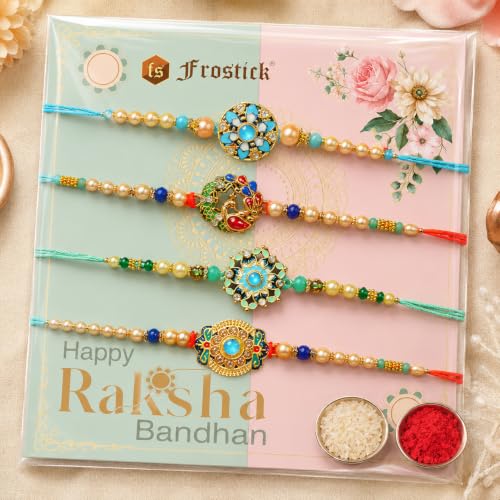 Image of Frostick Set of 4 Rakhi for Brother with Chocolates, Roli Chawal, Greeting Card & Gift Box | Raksha Bandhan Gift with Cadbury Celebrations & Traditional Pooja Essentials