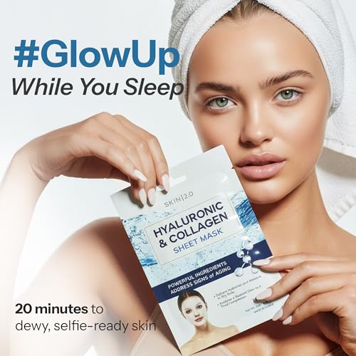 Image of Skin 2.0 Hyaluronic Acid & Collagen Sheet Mask - Hydrating, Anti-Aging, Firming - Dermatologist Tested Korean Skincare - Clean Beauty, Natural Ingredients, Cruelty-Free, All Skin Types - 10 Count