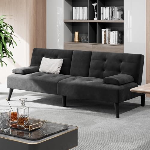 Image of Futon Sofa Bed,Velvet Foldable Couch,Reclining Sleeper with Removable Armrests,Upholstered Loveseat Sofa Couch with Folding Cup Holders for Home,Black