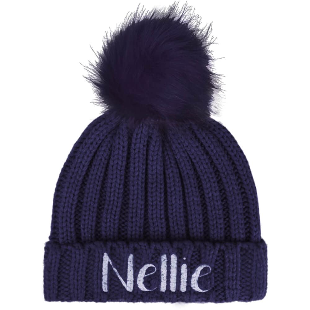 TeddyT's Personalised Girls Soft Bobble Hat with Pom Pom (2-4 Years) (Navy)