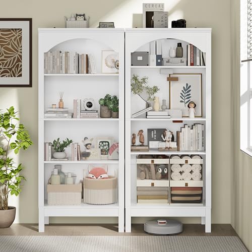 Image of 56 inch H Tall Bookshelf and Bookcase, Arched Book Shelf with 4-Tier Open Shelves, Wooden Storage Bookcase Freestanding Display Bookshelves for Bedroom, Living Room, White