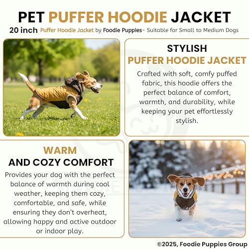 Image of Foodie Puppies Dog Puffer Hoodie Warm Winter Jacket - (Yellow Olive, 20 Inch) for Small to Medium Dogs | Ultra Warm Waterproof & Windproof Fur Coat | Washable Pet Vest Apparel for Cold Weather