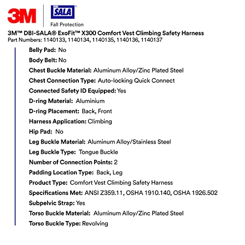 Image of 3M 1140137 DBI-SALA ExoFit X300 Comfort Vest Climbing Harness Fall Protection, OSHA, ANSI, General Industry, Aluminum Back and Front D-Ring, Leg Tongue Buckle, 2X