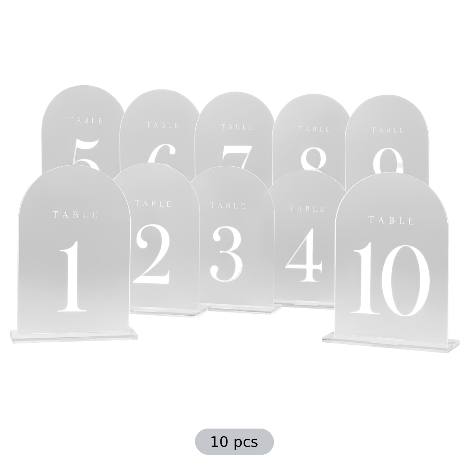 10 Stk. Frosted Arch Tischnummern für Hochzeitsempfang, Acryl Tischnummern 1 bis 10 mit Ständer, matte Bogen Acryl Schilder und Tischnummernhalter für Partys, Bankette und Feiern