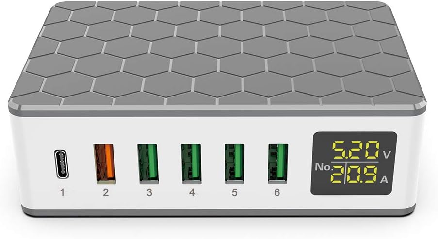 Cargador USB Multiple, 6 Puertos Enchufe USB con Quick Charge 3.0 y 20W Tipo C Carga Rápida, Ladrón Enchufes para Movil Tableta iPhone 8/11/12/13/Pro/XR/XS/X Xiaomi Huawei OPPO LG OnePlus iPad.