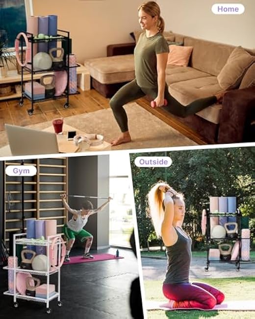 YOTTOY 3-Layer Gym Storage Rack ¨C Multi-Functional Weight Rack for Home Gym, Yoga Mat Holder & Foam Roller Basket with 6 Hooks, Gym Equipment Organizer