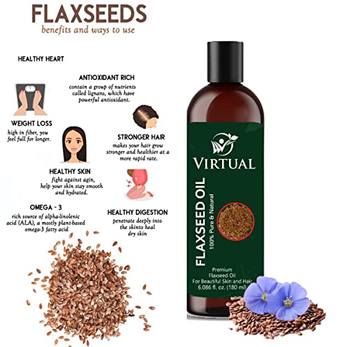 Image of VIRTUAL 100% Pure Flaxseed Oil For Hair, Skin Care & Cold Pressed Natural Oil for Multipurpose Use (180ml)-Pack of 2
