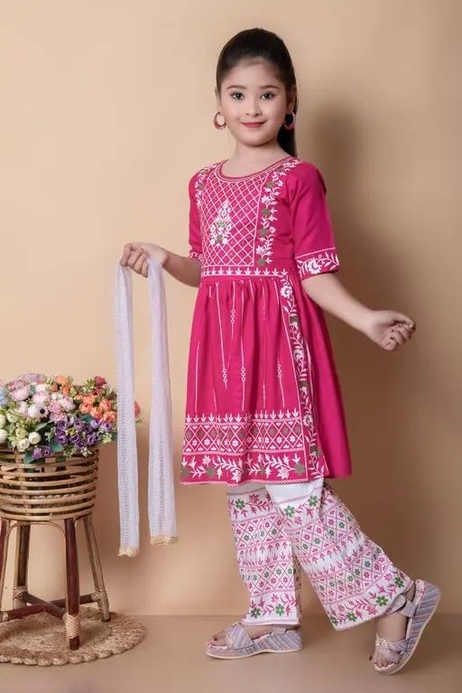 Image of Girls Traditional Embroidered Kurta Palazzo Set, Green and White, Floral Design, Half Sleeves