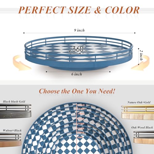 Image of Premium Rubber Wood Lazy Susan Turntable, Blue White Checkerboard Decorative Serving Tray, Hand-Welded Metal Railing, Stable Rotating Organizer for Dining Table, Kitchen Counter, Coffee Table Decor
