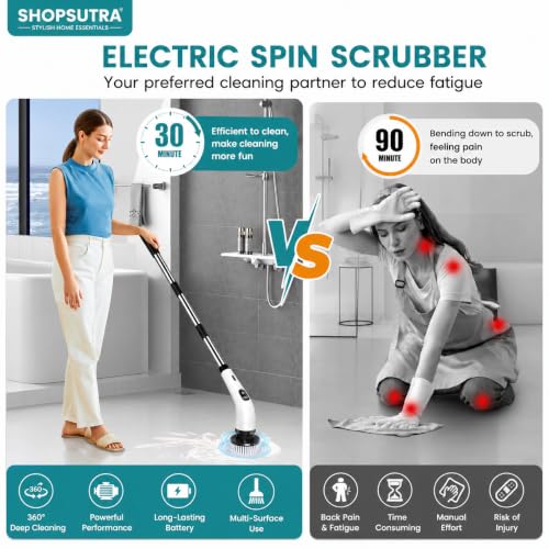 Image of Electric Spin Scrubber with Detachable Telescopic Handle, Rechargeable Cleaning Brush with Multiple Brush Heads and Pads, Battery Indicator Display
