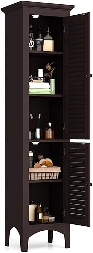 Tangkula Armario de almacenamiento para baño, gabinete de piso alto y estrecho de 63 pulgadas con 1 estante ajustable y 2 puertas, moderno gabinete