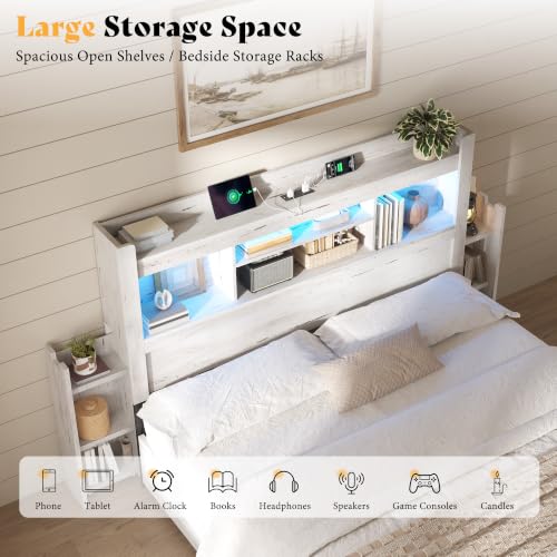 Image of AMERLIFE Queen /Full Wood Headboard Only with Storage, Distressed White