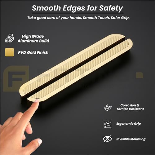 Image of VEZEL Aluminium Cabinet Handle /Wardrobe Handle - Modern Cabinet Pull Push Handles for Cabinets, Wardrobe, Drawer & Cupboard Furniture (PVD Gold) - 96mm - Pack of 2-| 3 Years Warranty |