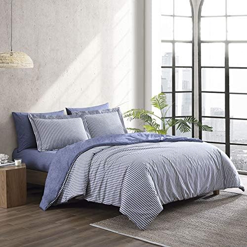 Reborn Montauk Reversible Striped/Heather Solid Recycled Fiber Lightweight Comforter Set, Full/Queen, Denim