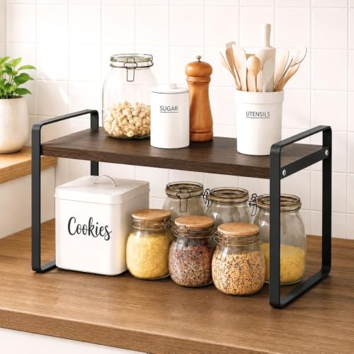 Image of Decorlay Metal & Engineered Kitchen Storage Rack, Wood Shelf, Countertop Organizer for Jars & Spices 40x23x19.5cm (Oak Frame Rack (Brown)