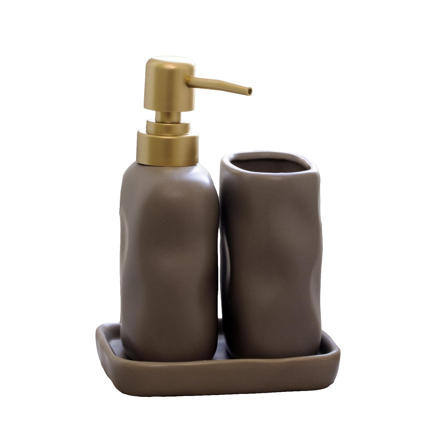 3 Piece Grey Ripple Stoneware Bathroom Accessories Set - Soap Dish, Soap Dispenser, Tumbler