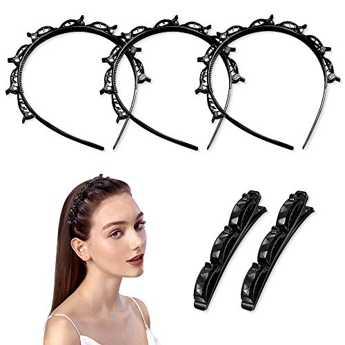Double Layer Twist Plait Headband Hair Tools, 5 Pack Double Bangs Hairstyle Hairpin, Multi-layer hollow woven headband With Alligator Clip fashionable girl braided hair - Black