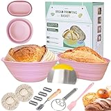 Silicone Banneton Bread Proofing Baskets Set, 9 Inch Round & 10 Inch Oval Foldable Sourdough Basket, with Lame + Dough Scraper Linen Liner Basting Brush for Making Baking Fermentation, Easy to Clean