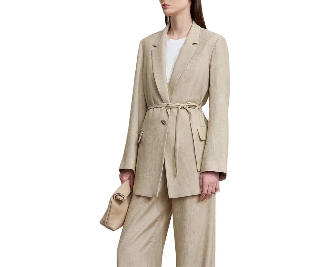 Womens Belted Business Coat Notched Long Sleeve Office Blazer
