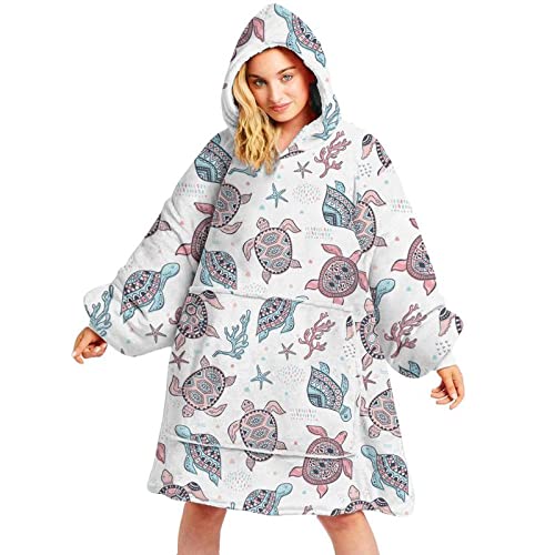 64HYDRO Blanket Hoodie - Premium Wearable Hooded Blanket - Ocean Sea Turtle Patterns - Oversized Hoo