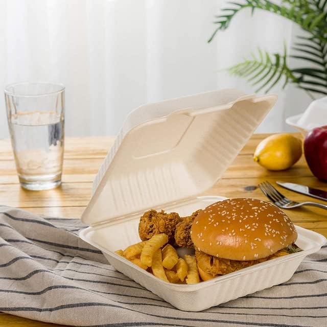 Miniatura 3 de Paquete de 50 recipientes de alimentos 100% compostables de 8 x 8 pulgadas, para llevar, calidad resistente, bagazo desechable natural,
