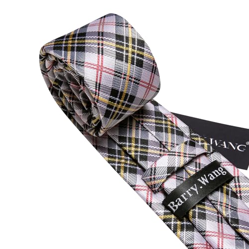 Image of Barry.Wang Plaid Ties Mens Silk Necktie and Tie Clip Checkered Tie for Wedding Party Business Formal