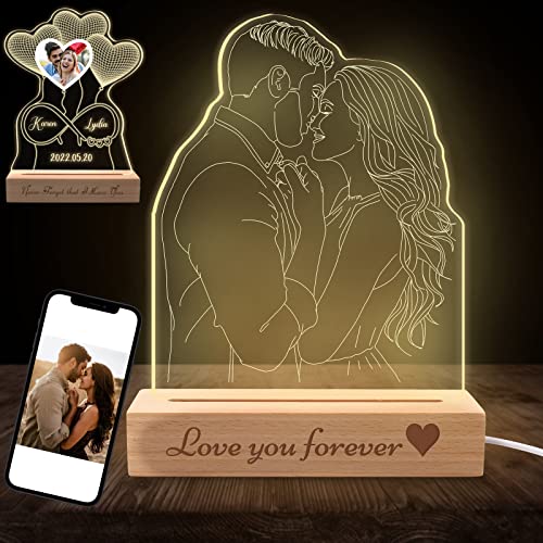 YanNanKe Personalized 3D Portrait Illusion Photo Lamp Custom Picture Engraved Plaque Night Light with Wood Base Customized Photo Acrylic LED Lamp Gift for Valentine's Day Anniversary's Day Birthday