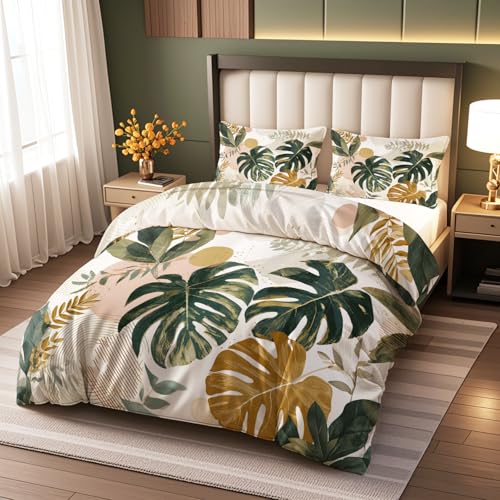 Plantas Tropicales Juego de Funda Nórdica Hojas De Palmera 3 Piezas 220x200cm Blanco Y Verde Cama Microfibra Suave Transpirable - 2 Fundas de Almohada 50x75 cm