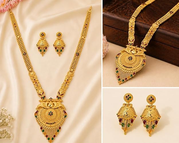 Image of Golden Long Necklace Set for Women | Brass Gold Plated Minimal Har | Adjustable Traditional Jewellery | Meenakari Marriage Wedding Necklace Set
