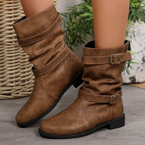 Boots for Women Wide Calf Women's Slouchy Short Low Heel Pull On Booties Fashion Belt Ruched Round Toe Chunky Heels Mid Calf Boots Comfortable Casual Classic Womens Booties Wide Width3