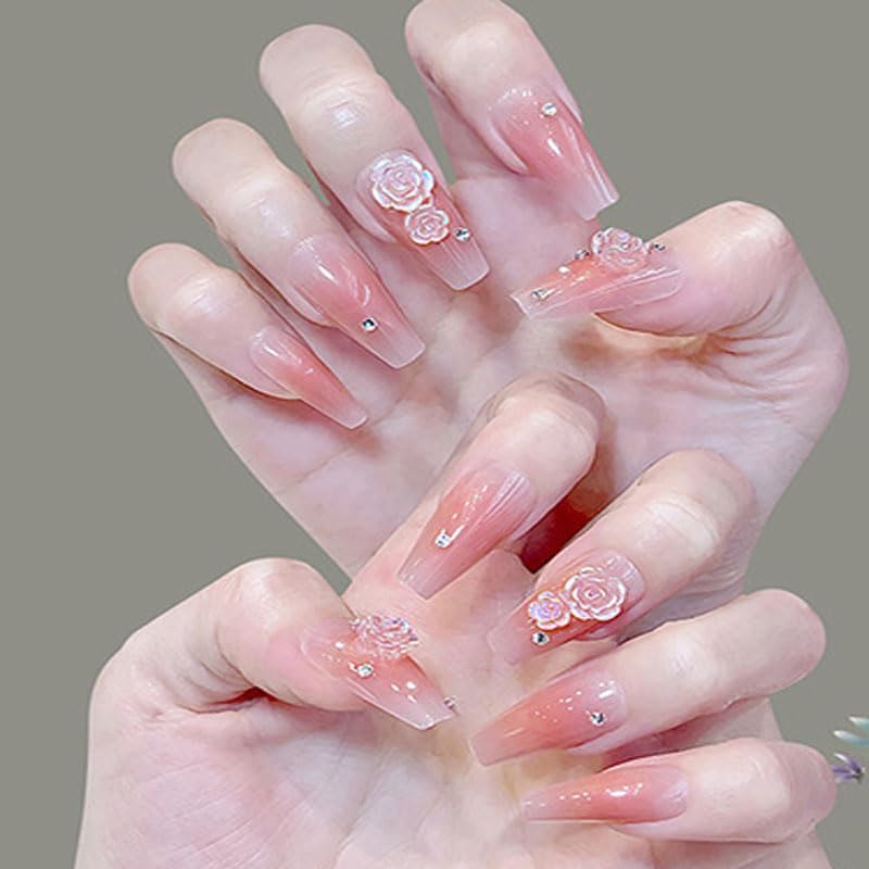 HUIYUNTIAN Press nails,easy to wear, long wear nails, suitable for women and girls, square fake nails (Camellia, 24 pieces)