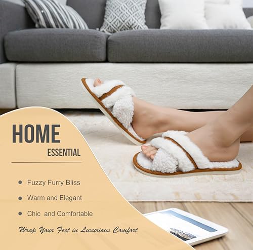 Onmygogo Fuzzy Cross Band Indoor Slippers for Women, Open Toe Slippers with Memory Foam and Soft Nonslip Sole2
