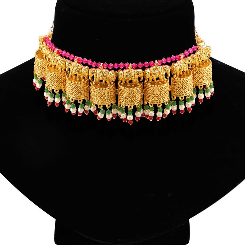 Aheli Elegante tono oro realizzato etnico festivo festa di nozze indossare collana girocollo Jhumki orecchini set per donne indiane gioielli di moda tradizionali, Metallo