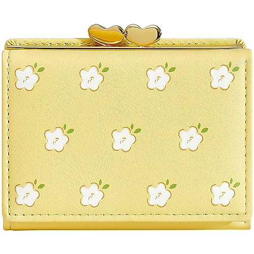 YINHEXI Wallet for Women, Flower Womens Wallet Card Holder, Small Trifold RFID Blocking Purse, Cute Small Leather Pocket Wallet for Women, Girls, Ladies (Cream Yellow)