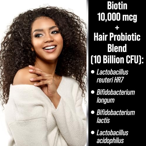 Image of Probiotics for Hair Growth + Biotin 10000mcg - High Strength Hair Vitamins for Women and Men with Lactobacillus Reuteri & Clinically Studied Probiotic Strains - Supports Thicker, Fuller Scalp - Vegan