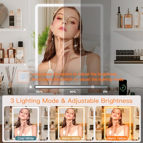 Image of FIONESO Vanity Desk with LED Light Mirror & Power Outlet, 8 Drawers, 6 Storage Shelves, 3 Color Modes & Adjustable Brightness Makeup Vanity, Corner Vanity, L Shape Vanity, 39.4 inch-64.9 inch Desk, White