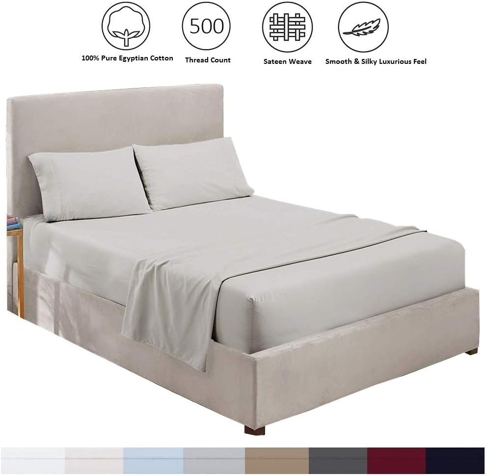 Cotttington Lane Queen Waterbed Sheets Set, Premium 100% Egyptian Cotton Attached Waterbed 4 Piece Sheet Set with 15 Inch Deep Pocket, Soft Breathable Bedding for Waterbeds, Light Grey Solid