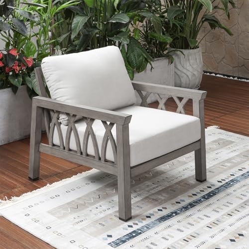 SEEHILL Aluminum Outdoor Sofa Chair, Modern Patio Sofa Armchair with Washable Cushions, Weather-Resistant Outdoor Club Chair, Patio Armchair Furniture for Garden, Deck, Porch, Limed Oak