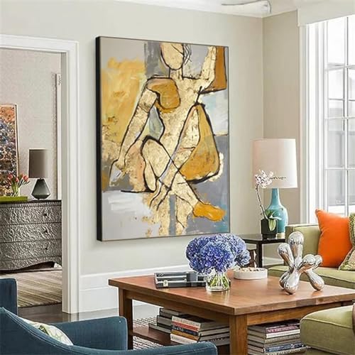 Toile moderne abstraite salon style Picasso grand format avec cadre noir